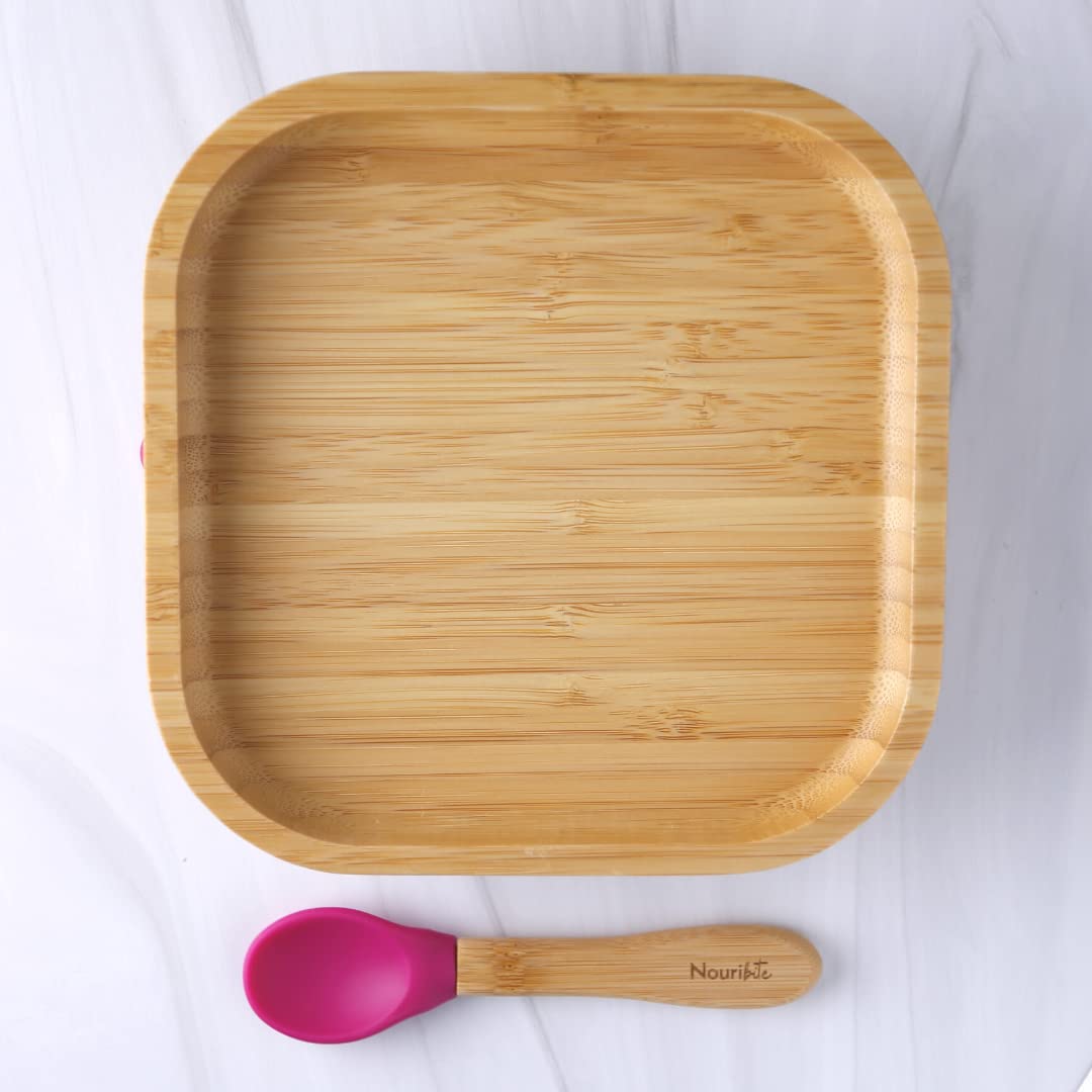 Nouribite Bamboo Suction Square Plate and Spoon Set for Baby/Toddler, 6 months+ (Fuchsia)