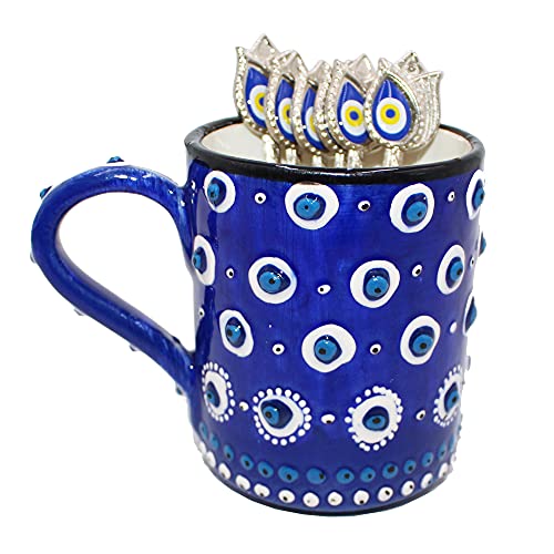 Kuchengerate 6pcs Evil Eye Beady Silver Casting Tea Coffee Stirring Teaspoons 12.7cm/5" inc Unique Nazar Design - a Different Product Dazzling - Suitable for Dessert Espresso Ice Cream - Best Gift Set