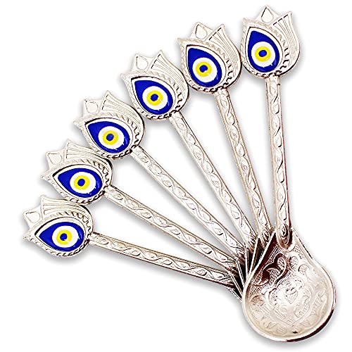 Kuchengerate 6pcs Evil Eye Beady Silver Casting Tea Coffee Stirring Teaspoons 12.7cm/5" inc Unique Nazar Design - a Different Product Dazzling - Suitable for Dessert Espresso Ice Cream - Best Gift Set