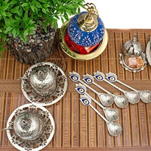 Kuchengerate 6pcs Evil Eye Beady Silver Casting Tea Coffee Stirring Teaspoons 12.7cm/5" inc Unique Nazar Design - a Different Product Dazzling - Suitable for Dessert Espresso Ice Cream - Best Gift Set