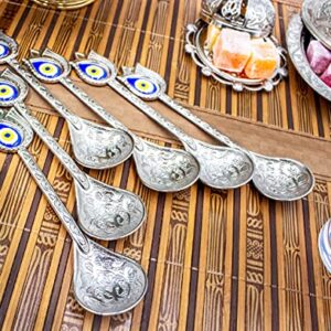 Kuchengerate 6pcs Evil Eye Beady Silver Casting Tea Coffee Stirring Teaspoons 12.7cm/5" inc Unique Nazar Design - a Different Product Dazzling - Suitable for Dessert Espresso Ice Cream - Best Gift Set