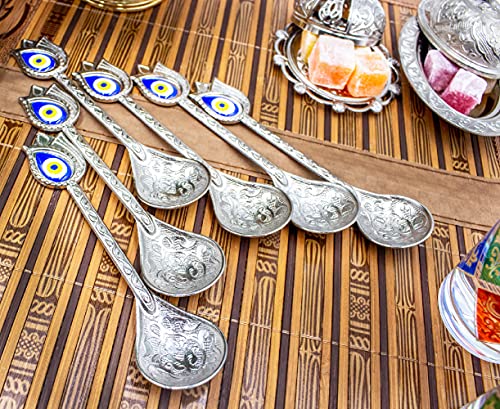 Kuchengerate 6pcs Evil Eye Beady Silver Casting Tea Coffee Stirring Teaspoons 12.7cm/5" inc Unique Nazar Design - a Different Product Dazzling - Suitable for Dessert Espresso Ice Cream - Best Gift Set