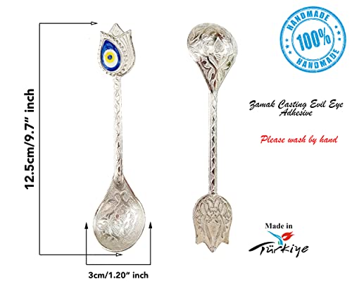 Kuchengerate 6pcs Evil Eye Beady Silver Casting Tea Coffee Stirring Teaspoons 12.7cm/5" inc Unique Nazar Design - a Different Product Dazzling - Suitable for Dessert Espresso Ice Cream - Best Gift Set