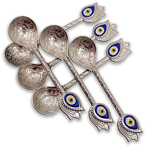 Kuchengerate 6pcs Evil Eye Beady Silver Casting Tea Coffee Stirring Teaspoons 12.7cm/5" inc Unique Nazar Design - a Different Product Dazzling - Suitable for Dessert Espresso Ice Cream - Best Gift Set