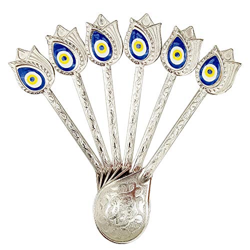 Kuchengerate 6pcs Evil Eye Beady Silver Casting Tea Coffee Stirring Teaspoons 12.7cm/5" inc Unique Nazar Design - a Different Product Dazzling - Suitable for Dessert Espresso Ice Cream - Best Gift Set