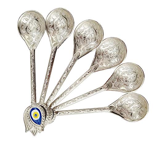 Kuchengerate 6pcs Evil Eye Beady Silver Casting Tea Coffee Stirring Teaspoons 12.7cm/5" inc Unique Nazar Design - a Different Product Dazzling - Suitable for Dessert Espresso Ice Cream - Best Gift Set