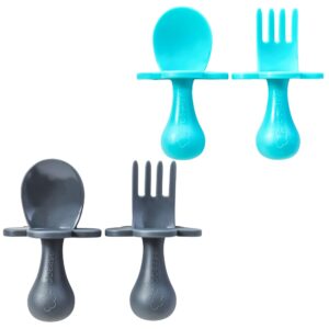 grabease bundle of 2 first self feed baby utensils with a togo pouch - anti-choke, bpa-free baby spoon and fork toddler utensils for led weaning ages 6 months+ teal and grey