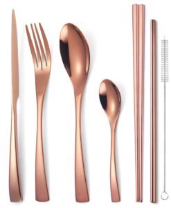 murri&murrdi 7 pieces reusable utensils set with case portable cutlery set stainless steel travel utensils including knife fork spoon chopsticks straws brush,dishwasher safe(7 rose golden)