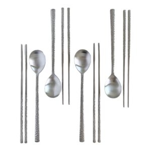 cozymomdeco korean made silver glossy hammered stainless steel korean spoon & chopstick set (4set)
