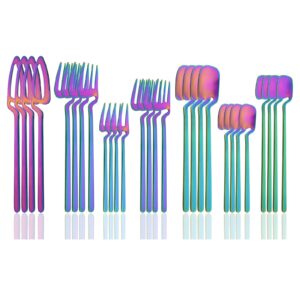uniturcky 28pcs flatware cutlery set for 4, matte rainbow silverware set with long handle spoon/teaspoon/fruit fork, tableware eating utensils set, satin finish & dishwasher safe