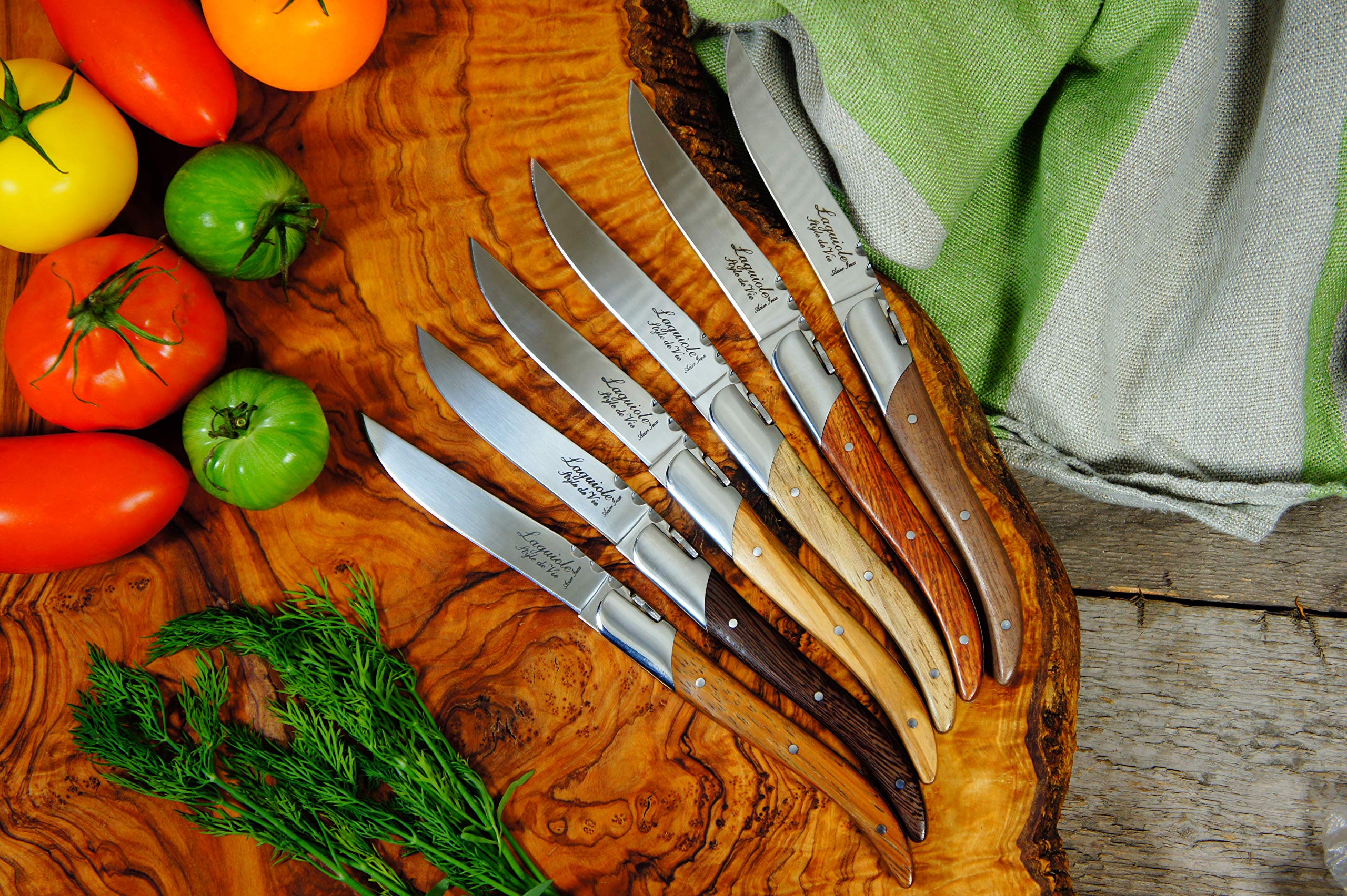 Laguiole Style de Vie Steak Knives, Luxury Line, 6 pieces, Mixed Wood, in giftbox