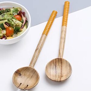 YoTreasure Tiramisu Resin & Wood Orange Salad Server Set | Wooden Utensils for Serving Salad, Spoon and Fork Set