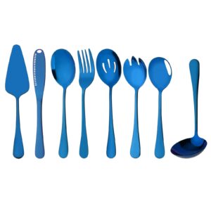 uniturcky 8 pcs blue serving utensils, stainless steel flatware serving set, include cake server/slotted spoon/serving spoon and fork/soup ladle/cheese spreader, serveware set for buffet & party