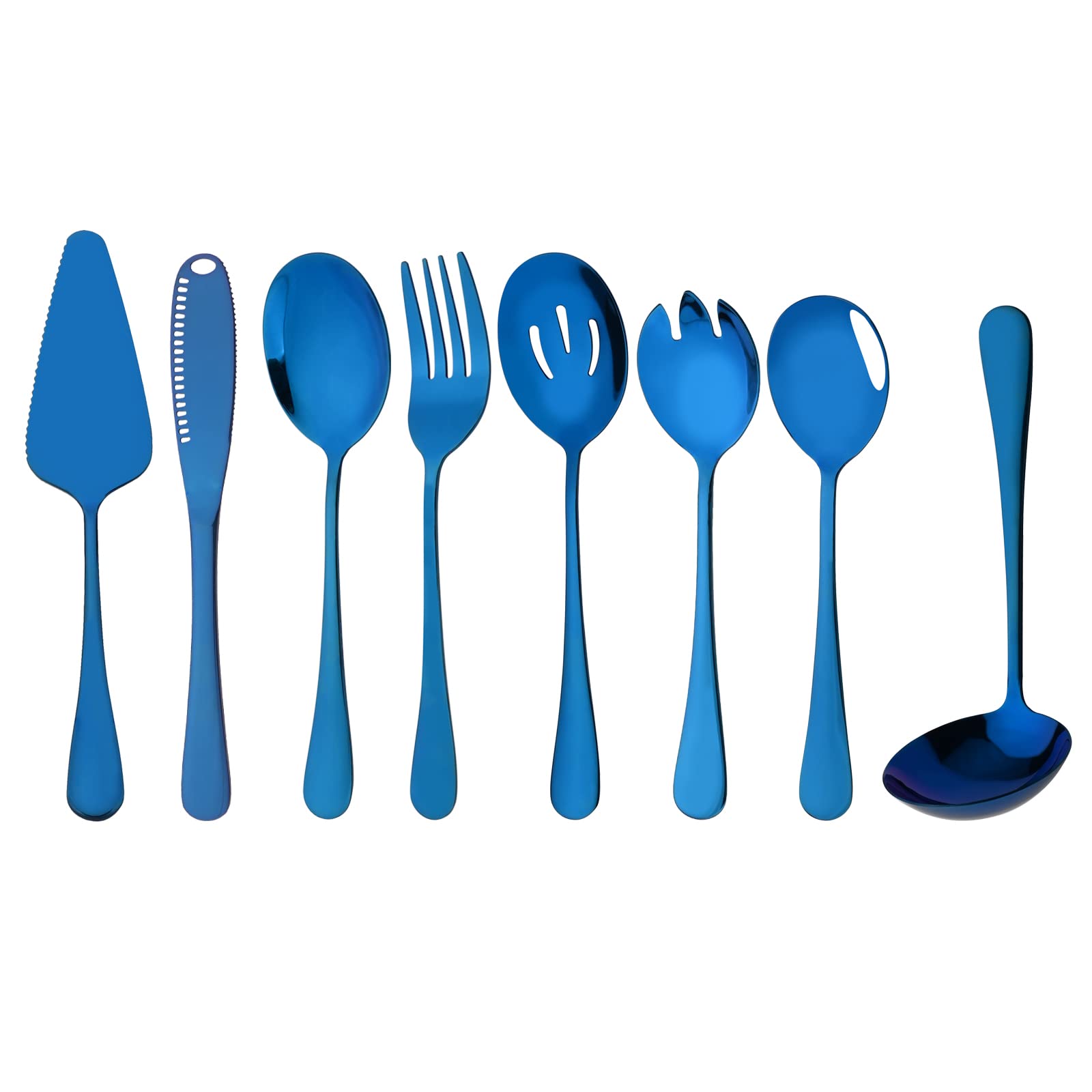 Uniturcky 8 Pcs Blue Serving Utensils, Stainless Steel Flatware Serving Set, Include Cake Server/Slotted Spoon/Serving Spoon and Fork/Soup Ladle/Cheese Spreader, Serveware Set for Buffet & Party