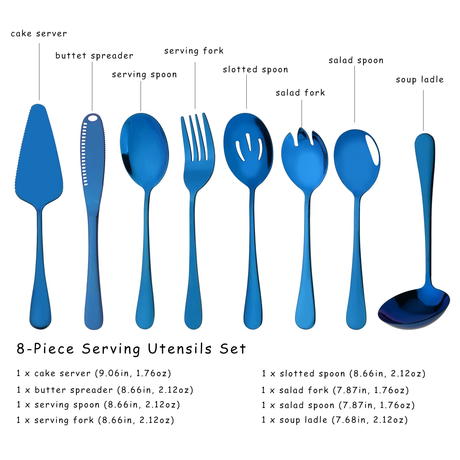 Uniturcky 8 Pcs Blue Serving Utensils, Stainless Steel Flatware Serving Set, Include Cake Server/Slotted Spoon/Serving Spoon and Fork/Soup Ladle/Cheese Spreader, Serveware Set for Buffet & Party