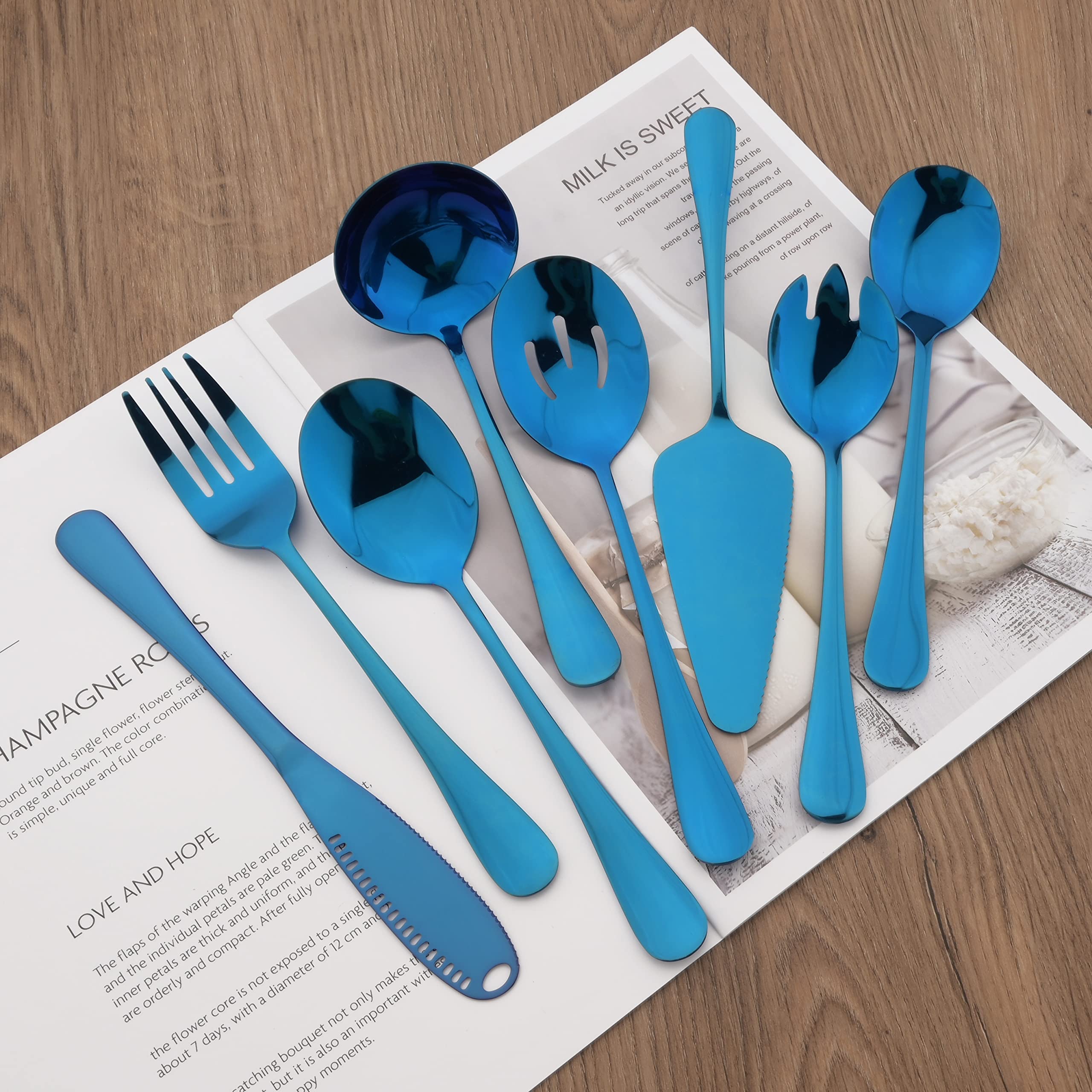 Uniturcky 8 Pcs Blue Serving Utensils, Stainless Steel Flatware Serving Set, Include Cake Server/Slotted Spoon/Serving Spoon and Fork/Soup Ladle/Cheese Spreader, Serveware Set for Buffet & Party