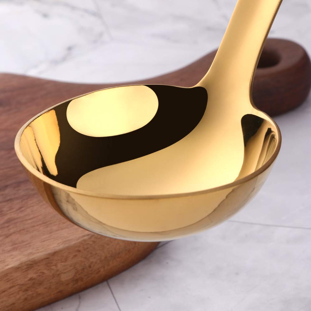 Gold Soup Ladle, BuyGo Large Serving Soup Spoon Stainless Steel Long Handle Soup Pan Ladle for Cooking, Stirring, Dishwasher Safe, 11.81 inches