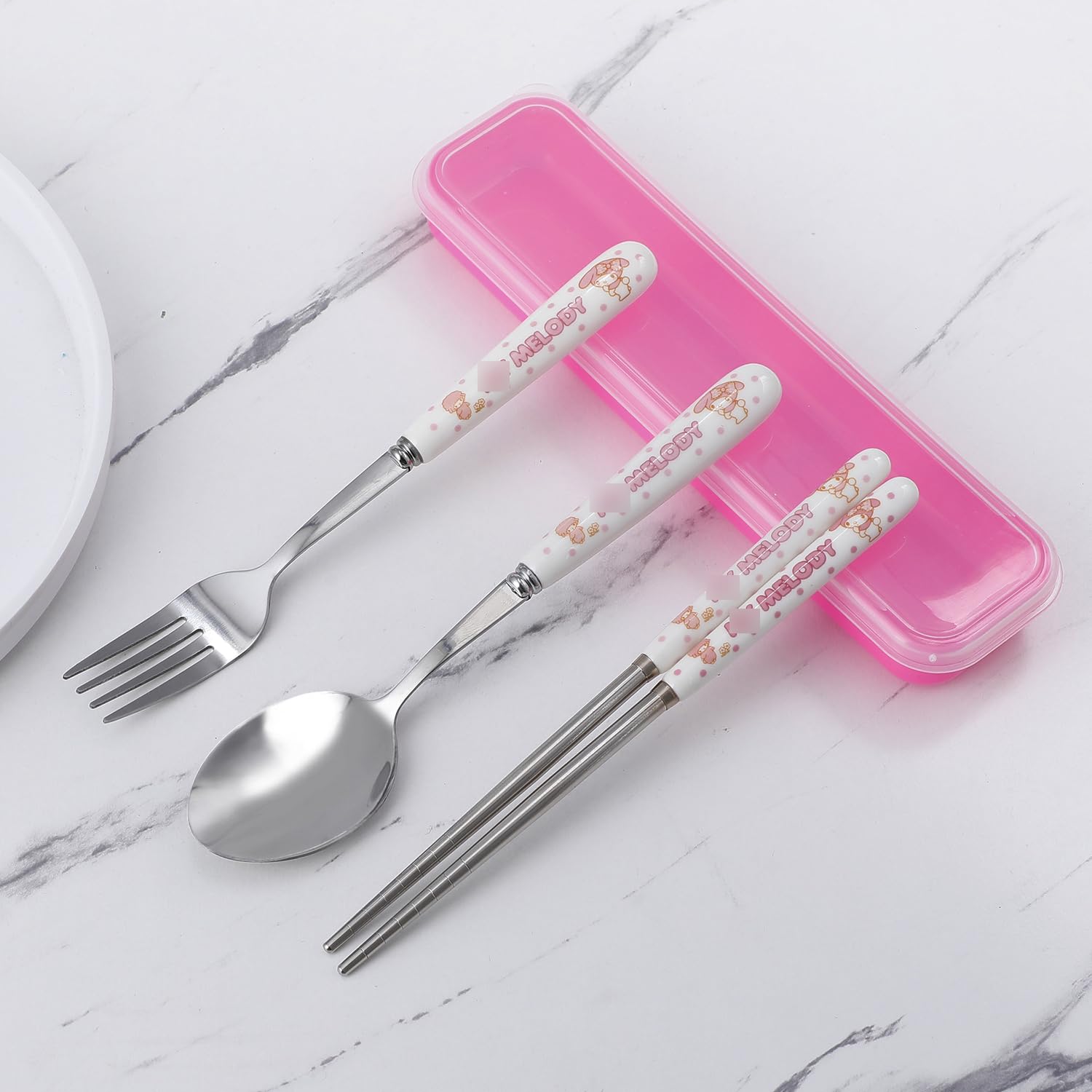 Cartoon Print Portable Utensils with Case Kawaii Kitty Reusable Flatware Set Chopsticks Fork Spoon Set for Travel Picnic(SCF-MLD)