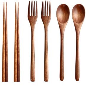 hemoton 6 pcs wooden flatware tableware cutlery set travel utensils wooden fork spoon chopsticks reusable flatware utensils for kitchen dinning table