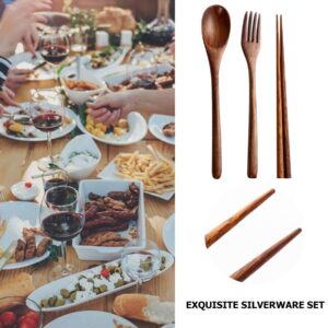 Hemoton 6 Pcs Wooden Flatware Tableware Cutlery Set Travel Utensils Wooden Fork Spoon Chopsticks Reusable Flatware Utensils for Kitchen Dinning Table