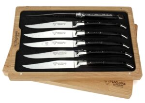 laguiole en aubrac luxury fully forged full tang stainless steel steak knives 6-piece set with buffalo horn handle, stainless steel polished bolsters