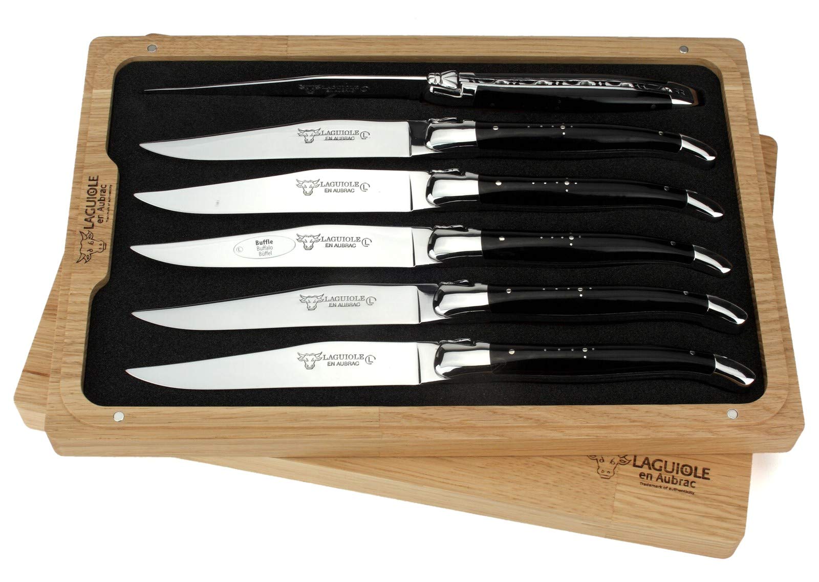 Laguiole en Aubrac Luxury Fully Forged Full Tang Stainless Steel Steak Knives 6-Piece Set with Buffalo Horn Handle, Stainless Steel Polished Bolsters