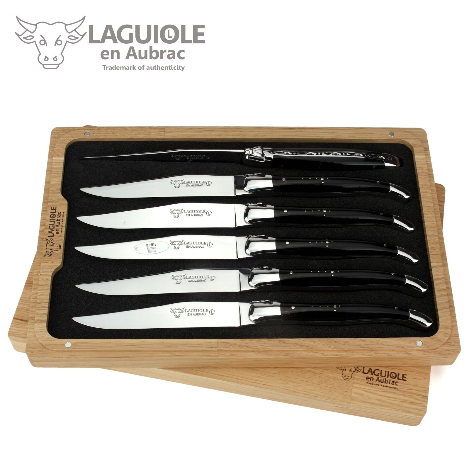 Laguiole en Aubrac Luxury Fully Forged Full Tang Stainless Steel Steak Knives 6-Piece Set with Buffalo Horn Handle, Stainless Steel Polished Bolsters