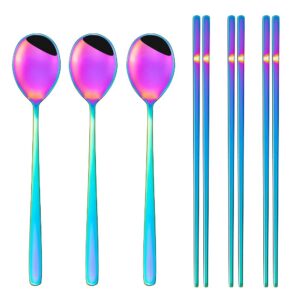 3 pairs rainbow chopsticks and 3pcs rainbow spoons set, stainless steel chopstick and spoon perfect for home and kitchen