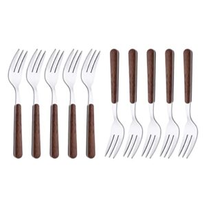 10-piece appetizer small forks, 5.7" tasting tea forks set, stainless steel dessert forks with wooden handle, 3-tine portable cocktail salad fruit forks for party travel (silver & faux wood)