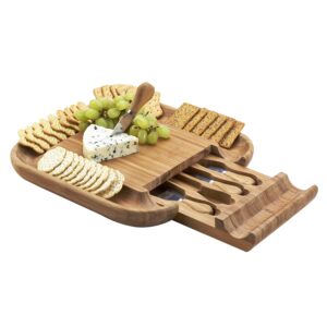 picnic at ascot original bamboo cheese/charcuterie board with cracker groove & drawer with cheese tools - designed & quality checked in the usa
