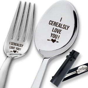 XIKAINUO 2 Pieces I Cerealsly Love You Engraved Stainless Steel Spoon and Fork for Mothers Fathers Valentines Day Wedding Anniversary Boyfriend Girlfriend Birthday Gifts