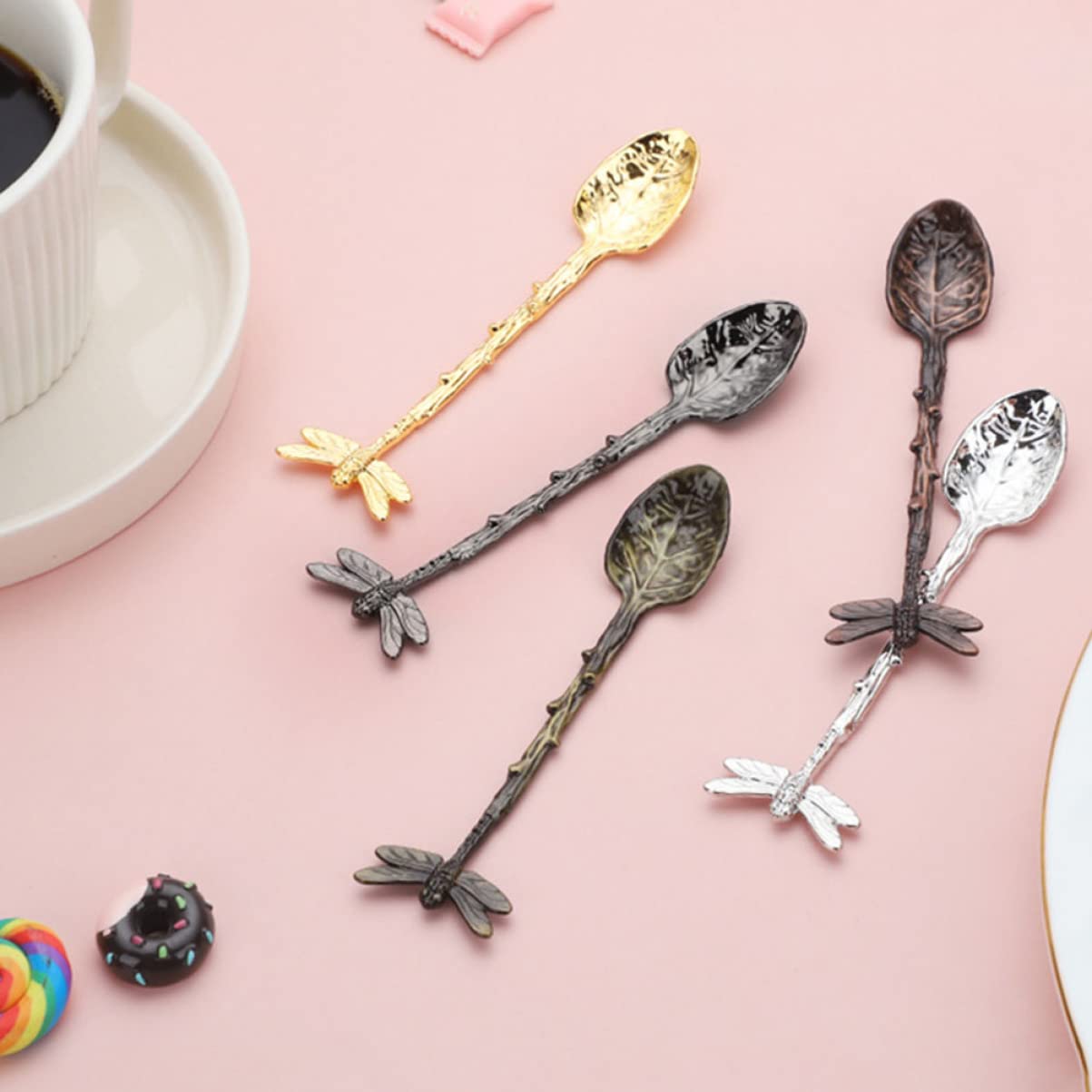 BESTonZON Metal Dessert Spoon Soup Spoon 6pcs Dessert Spoons Metal Dessert Spoon Branches Designed Spoons Metal Meal Spoon Metal Branches Dragonfly Stirring Spoon Stainless Steel Cake Spoon