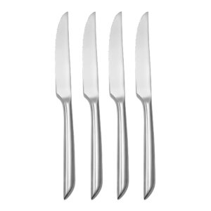 nambe frond steak knives | set of 4 | premium stainless steel meat knife set | sharp serrated tomato knife for home, kitchen, or restaurant | dishwasher safe (silver-9 inch)