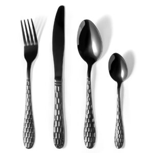 qisten 16-piece black silverware set, stainless steel mirror cutlery set, utensils set with 4 knives, 4 forks, 4 spoons, 4 dessert spoons, dishwasher safe