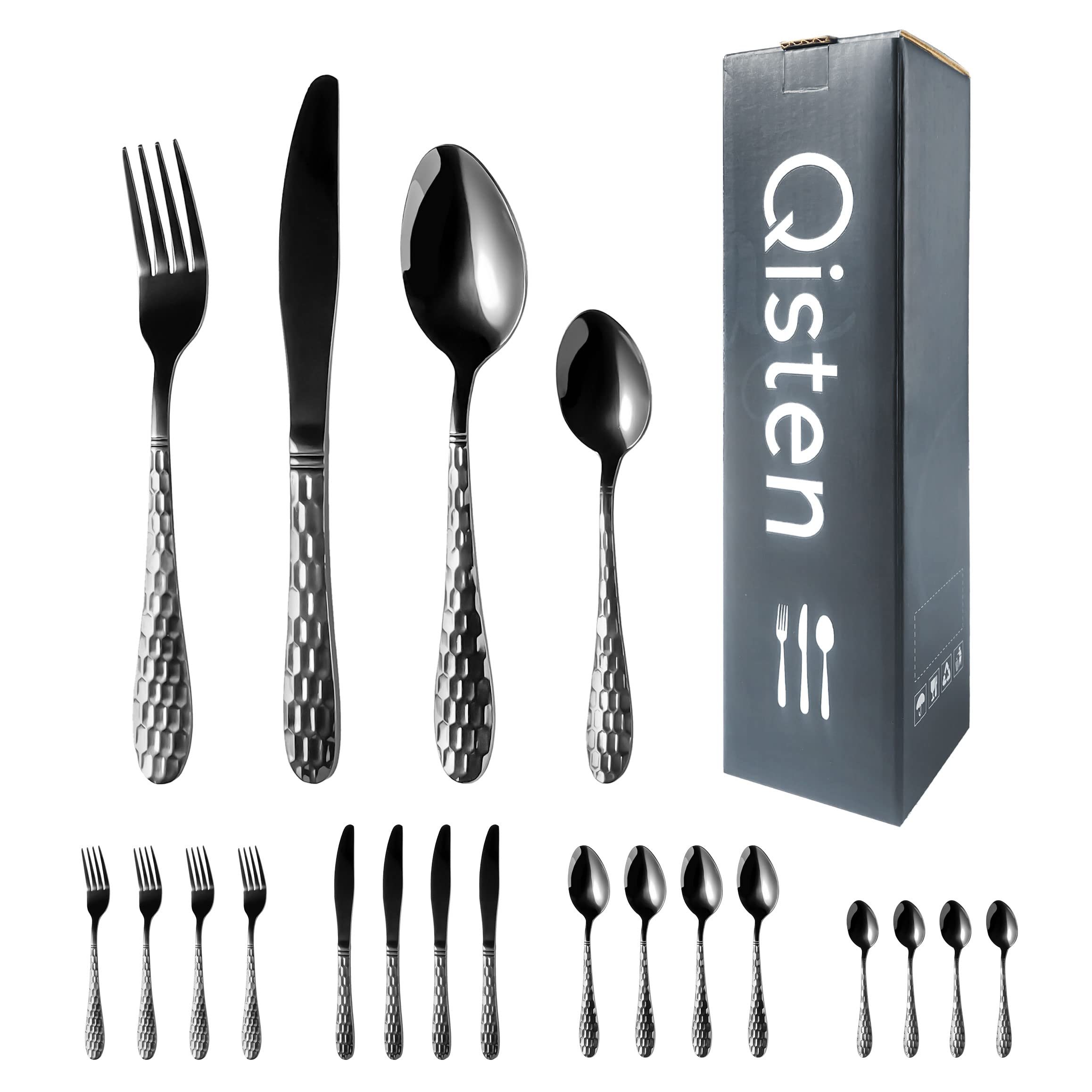 QISTEN 16-Piece Black Silverware Set, Stainless Steel Mirror Cutlery Set, Utensils Set with 4 Knives, 4 Forks, 4 Spoons, 4 Dessert Spoons, Dishwasher Safe