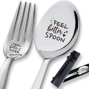 2 Pieces Feel Better Engraved Stainless Spoon and Fork, Funny Long Handle Dinner Fork Coffee Spoop with Gift Box, Encouragement Recovery Gifts for Women Men Friends