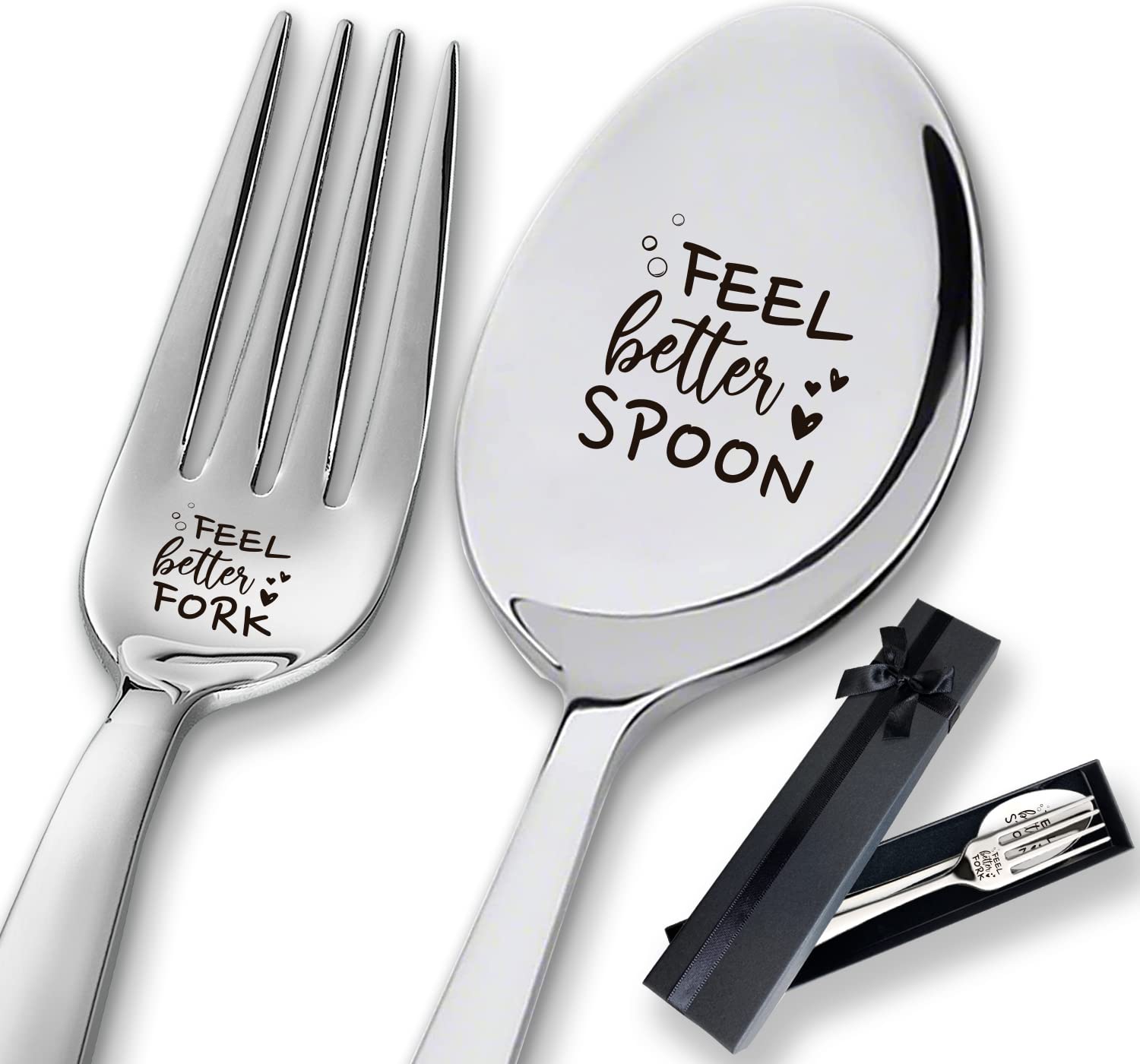 2 Pieces Feel Better Engraved Stainless Spoon and Fork, Funny Long Handle Dinner Fork Coffee Spoop with Gift Box, Encouragement Recovery Gifts for Women Men Friends