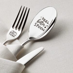 2 Pieces Feel Better Engraved Stainless Spoon and Fork, Funny Long Handle Dinner Fork Coffee Spoop with Gift Box, Encouragement Recovery Gifts for Women Men Friends