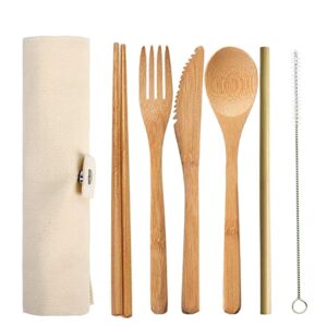 cchude 6 pcs bamboo travel cutlery knife fork spoon chopsticks straw brush set bamboo utensils camping flatware set