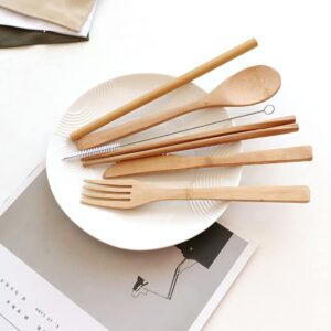 ccHuDE 6 Pcs Bamboo Travel Cutlery Knife Fork Spoon Chopsticks Straw Brush Set Bamboo Utensils Camping Flatware Set