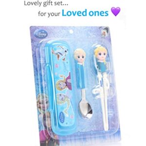 Frozen Queen Elsa Kids Children Spoon Training Chopsticks Flatware Utensil Cutlery Dinnerware Tableware Set with Case, 3 pieces