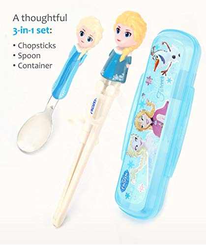 Frozen Queen Elsa Kids Children Spoon Training Chopsticks Flatware Utensil Cutlery Dinnerware Tableware Set with Case, 3 pieces