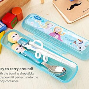 Frozen Queen Elsa Kids Children Spoon Training Chopsticks Flatware Utensil Cutlery Dinnerware Tableware Set with Case, 3 pieces