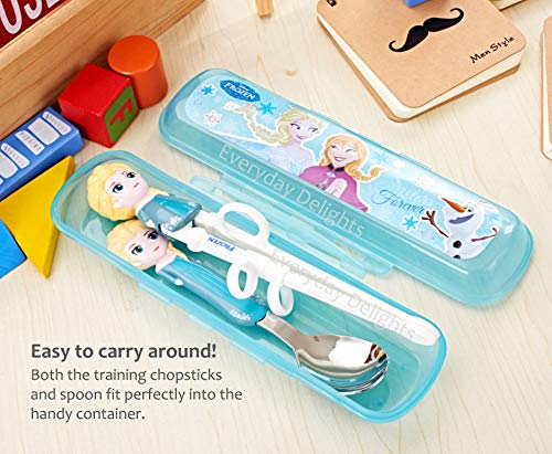 Frozen Queen Elsa Kids Children Spoon Training Chopsticks Flatware Utensil Cutlery Dinnerware Tableware Set with Case, 3 pieces