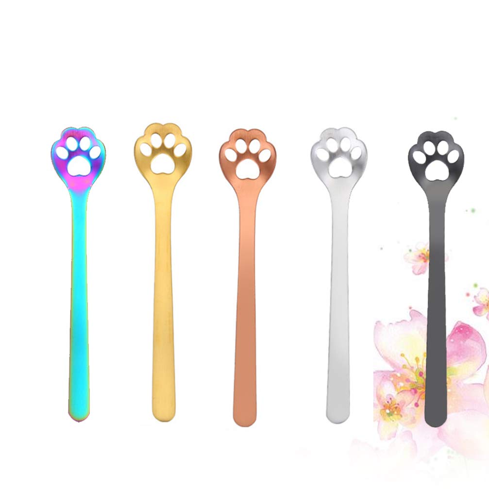 Cabilock 5pcs Cartoon Stainless Steel Coffee Spoon Metal Teaspoons Dessert Spoon Cat Paw Dog Paw Shaped Decorative Appetizer Tableware Spoons