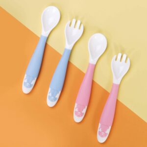 Baby Toddler Forks and Spoons for self-Feeding - Kids and Infant Training Cutlery Utensils Set, Babies First Self Feeding Learning Tableware Easy Grip Bendable with Travel Safe Case (Blue)