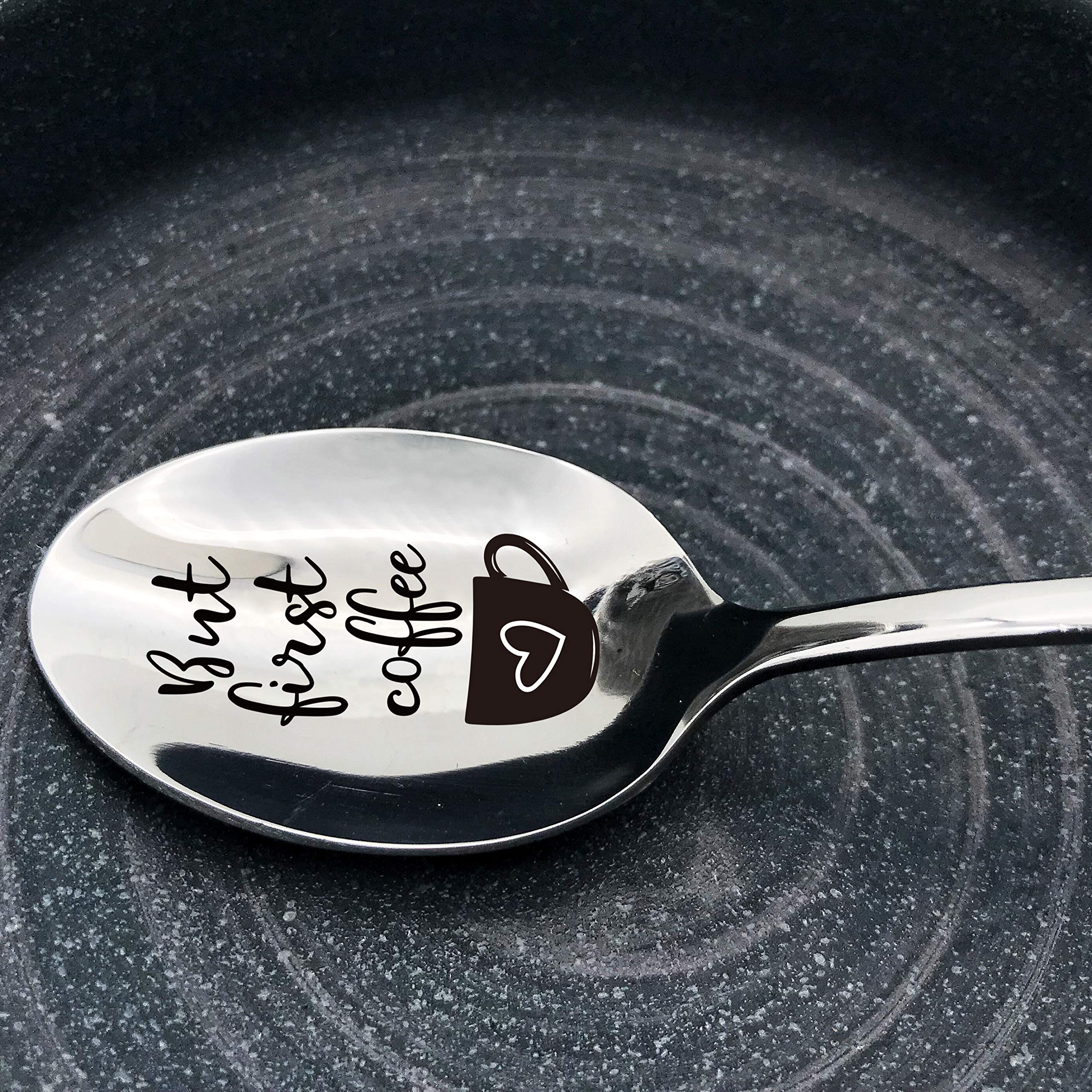 family Kitchen Stainless Steel Engraved Espresso Spoon - But First Coffee Funny Gift for Friends or Girlfriend Coffee Lover