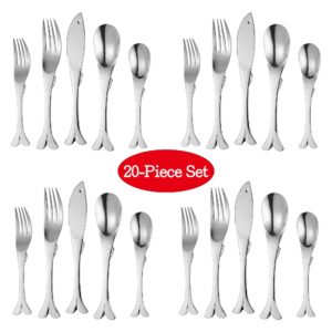 Supreme Housewares 20-Piece Fish Shaped Flatware Set, 18/8 Stainless Steel Silverware Cutlery Set, Service for 4, Mirror Polished, Dishwasher Safe (Fish)