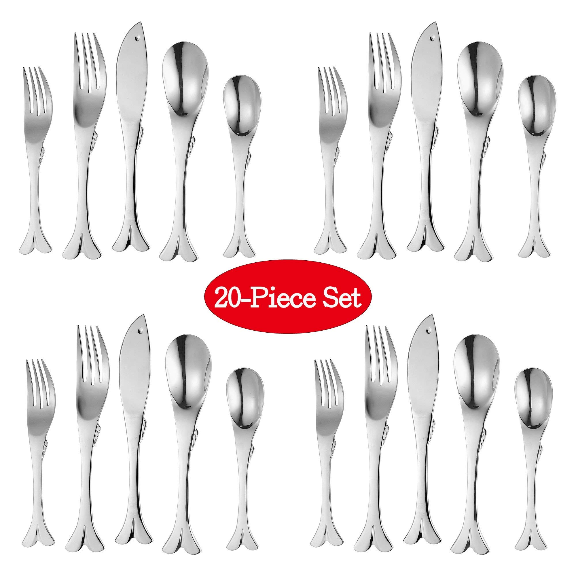 Supreme Housewares 20-Piece Fish Shaped Flatware Set, 18/8 Stainless Steel Silverware Cutlery Set, Service for 4, Mirror Polished, Dishwasher Safe (Fish)