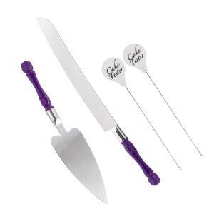 wedding cake knife and server set, stainless steel elegant cake cutting set with faux crystal handle, perfect for wedding, birthday, parties and events (purple crystal handle)